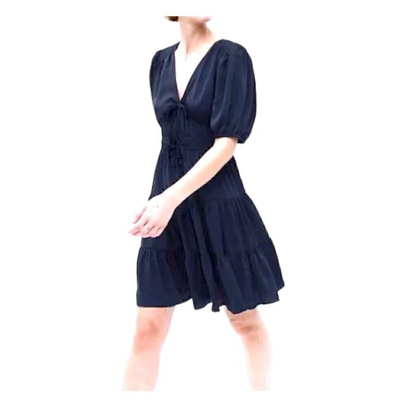Gap Navy Blue Tie Front Flowy Tiered Peasant Cottagecore Silky Dress Size Large - Picture 1 of 8